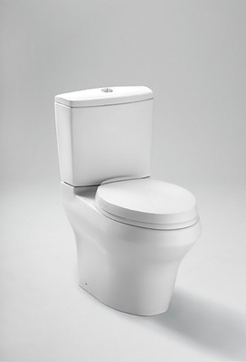 Two-piece toilet with button flusher